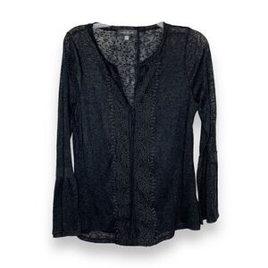 August Silk Black Lace Embellished Bell Sleeve Knit Blouse Work Casual Boho Sz M